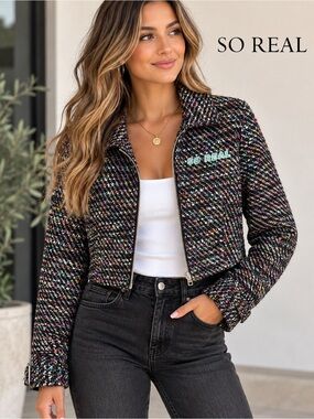 So Real Women's Boucle Tweed Zip-Up Cropped Jacket Multi-Color Size S